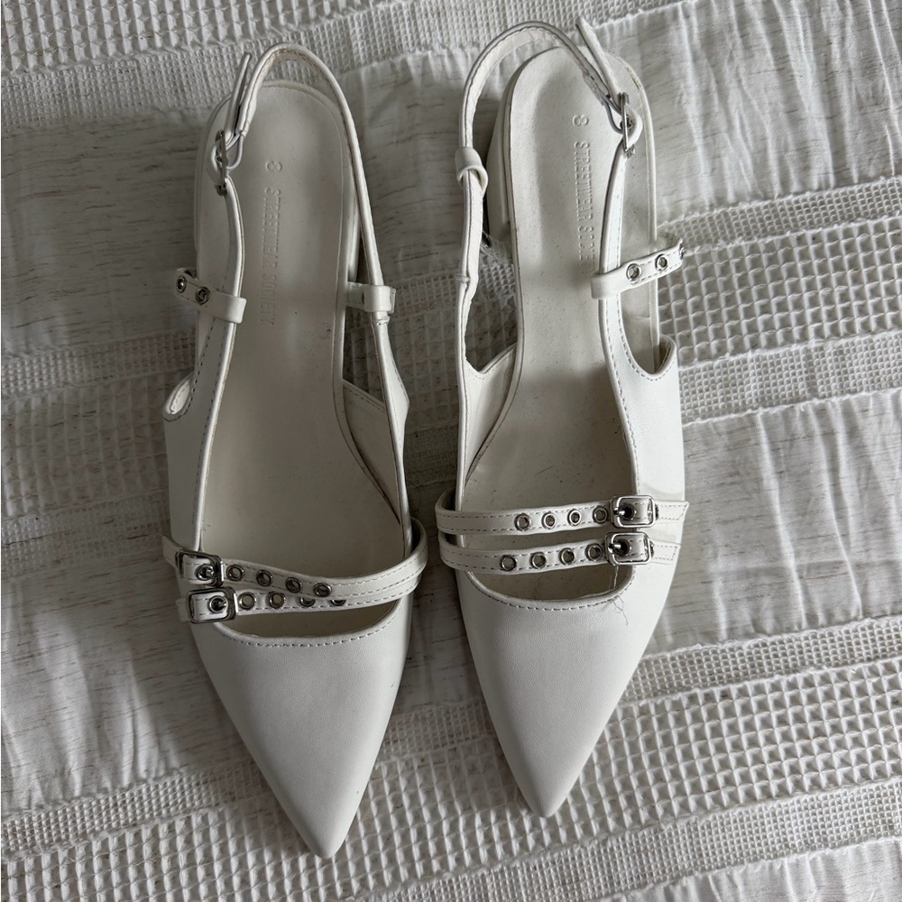 White Pointed Toe Slingback Heels with Studded Straps